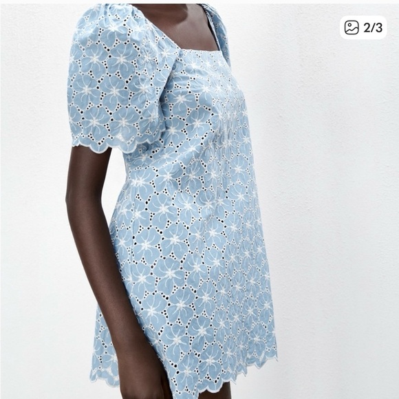 ZARA Eyelet Embroidered Cotton Dusty Blue Dress Women’s Large - Picture 3 of 12